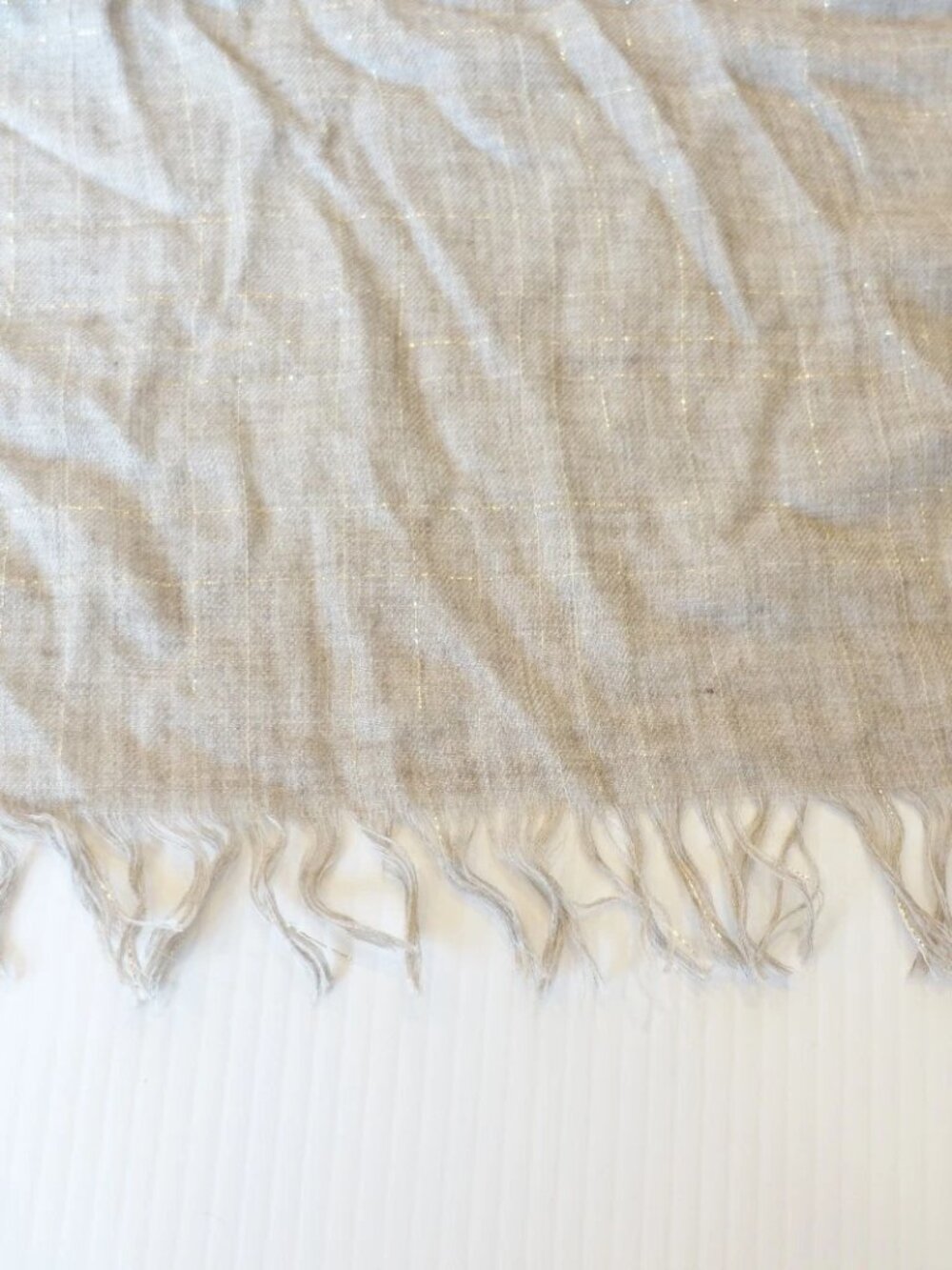 EILEEN FISHER Natural Modal Melange Glimmer Plaid Fringe Rectangle Wrap Scarf - Picture 4 of 4